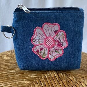 Blue Denim Mini Bag with Pink Floral Embroidery